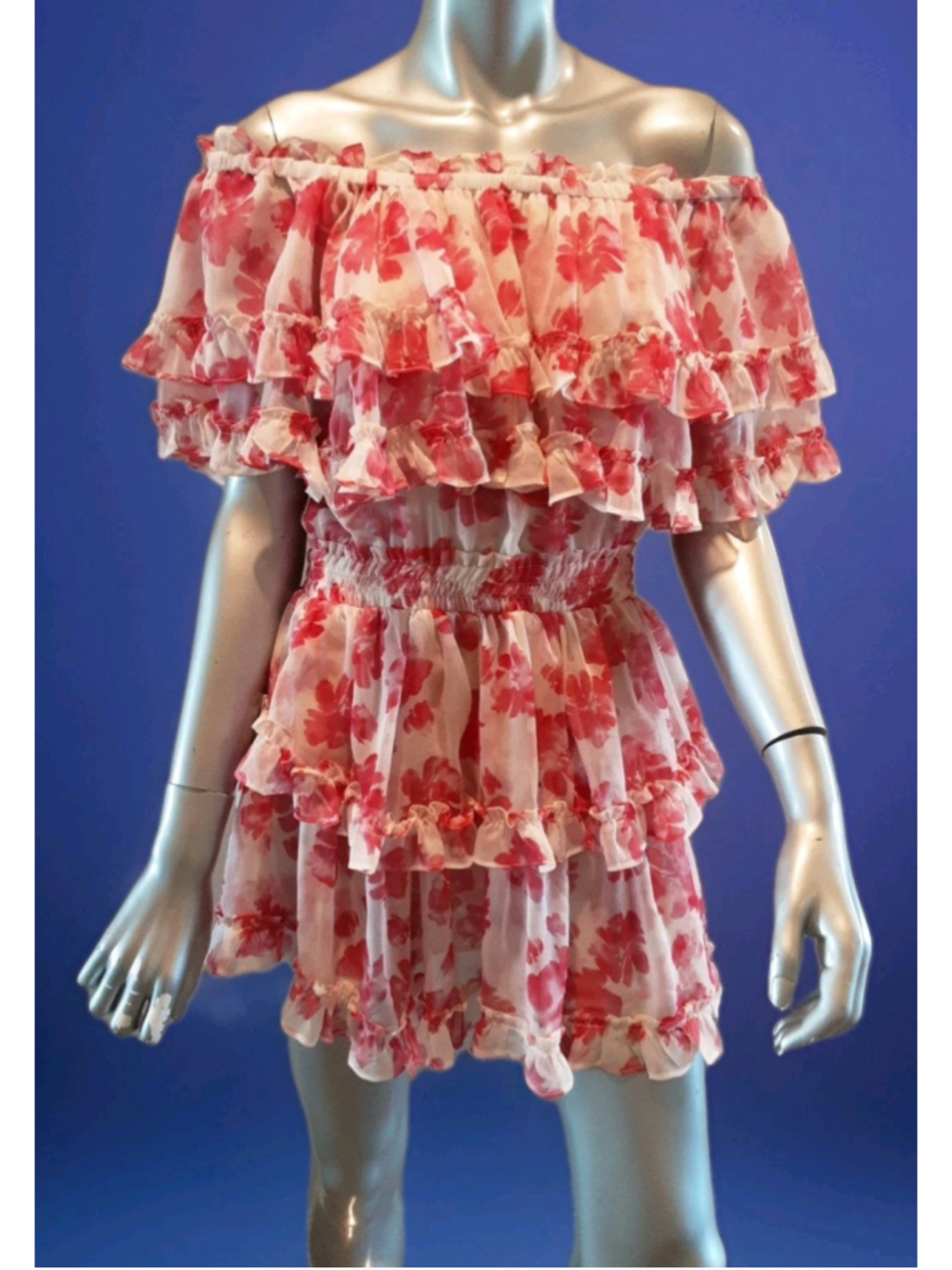 MISA-Los Angeles-ISELLA- Pink Floral Off-The-Shoulder Feminine Mini Dress Sz Med